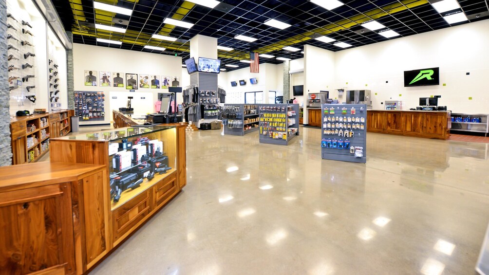 Interior view of brightly lit gun shop.