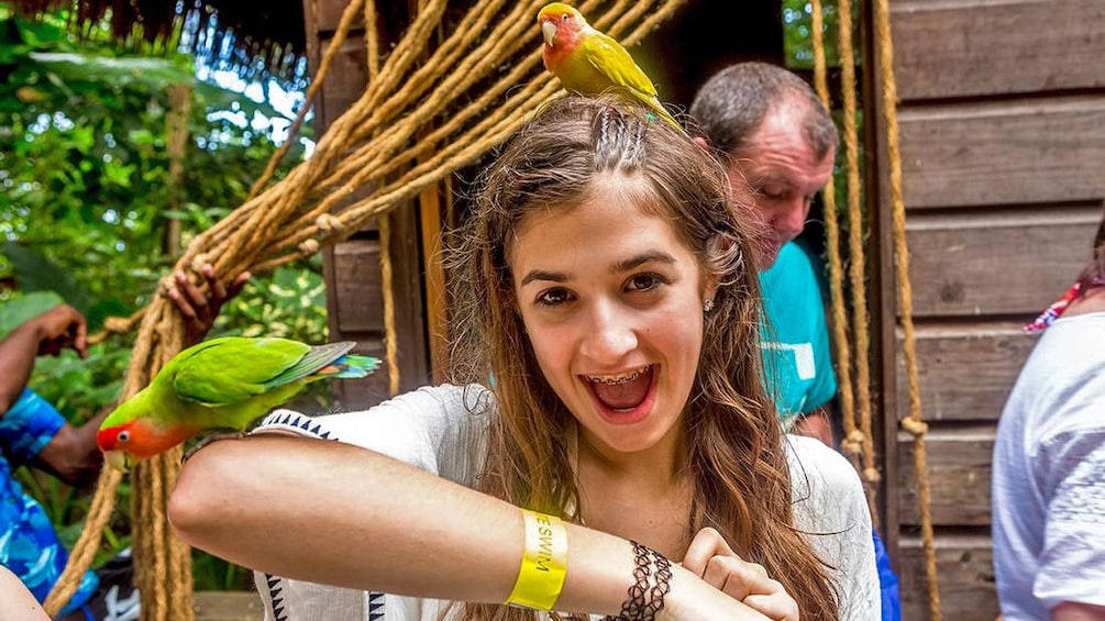 girl with parakeets on her head and arm in jamaica
