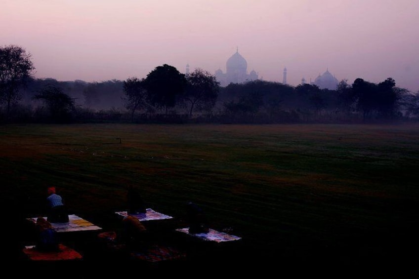 Morning Yoga Session Facing Taj Mahal