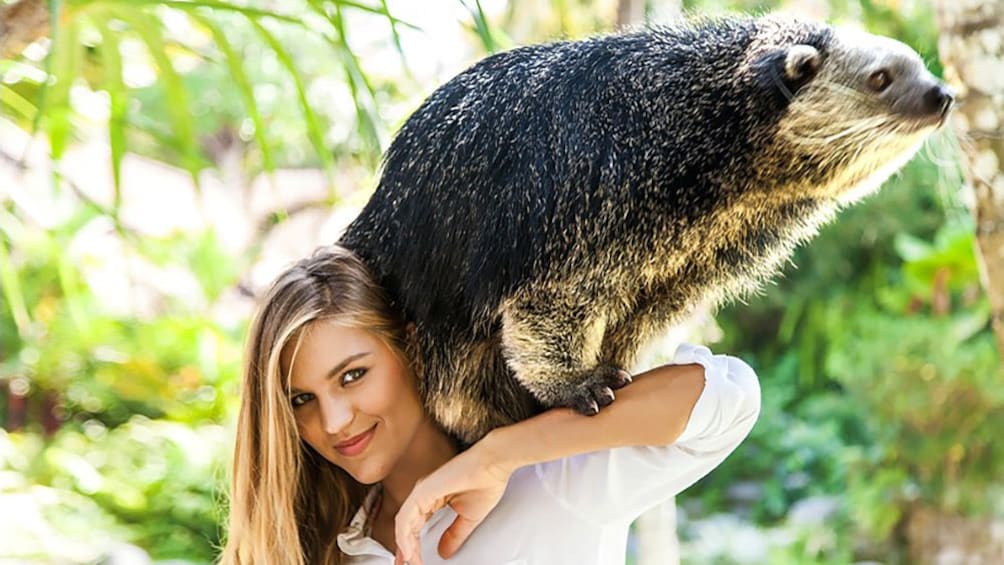 Woman posing with animal on neck.