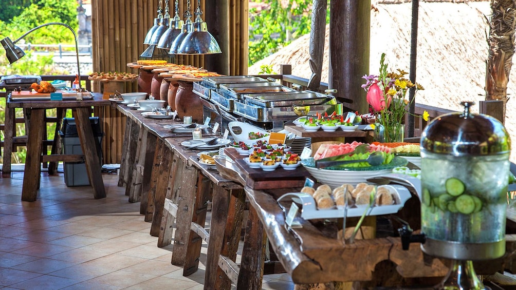 Interior view of buffet with food ready for eating.