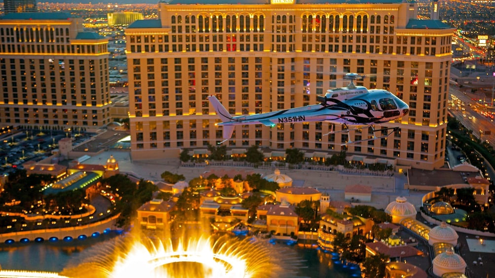 Helicopter flying by the Bellagio Hotel in Las Vegas