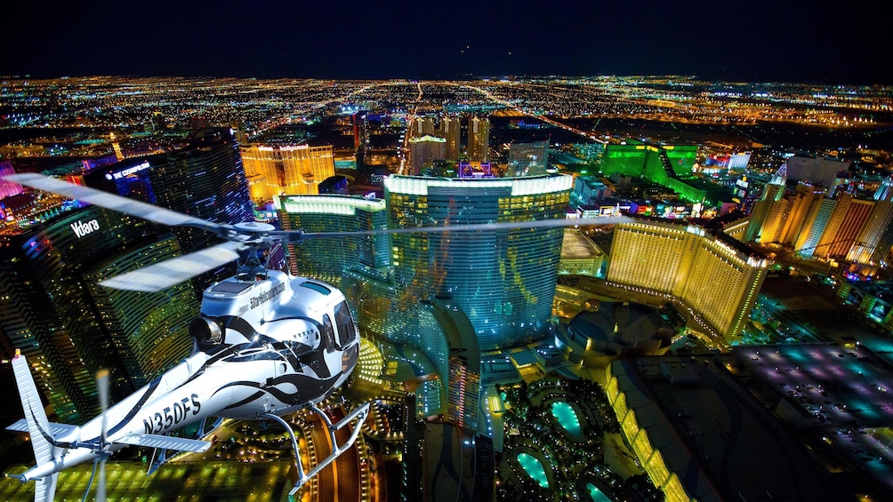 Helicopter over the city at night in Las Vegas