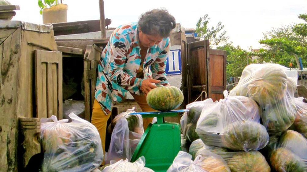 A woman wrapping produce into plastic bags