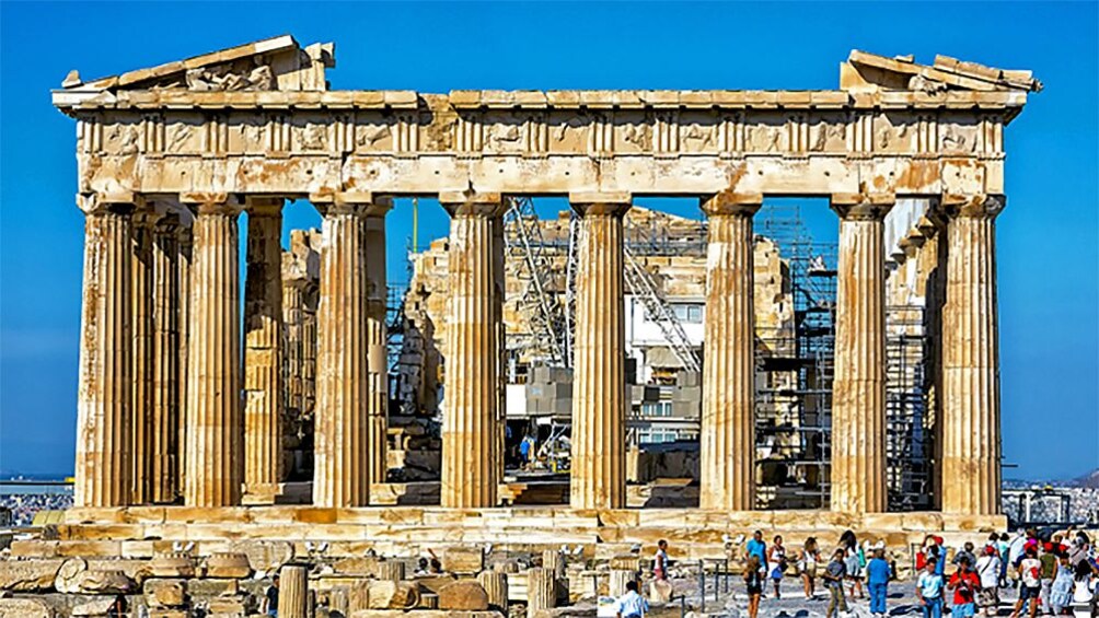 visitors gathering around the Parthenon in Athens