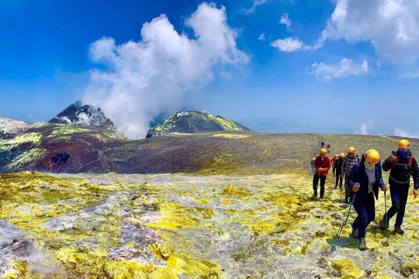 The spectacle of sulfur on top of the volcano