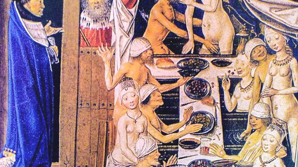 Ver elemento 5 de 9. Close up of old artwork depicting men and women in the nude.