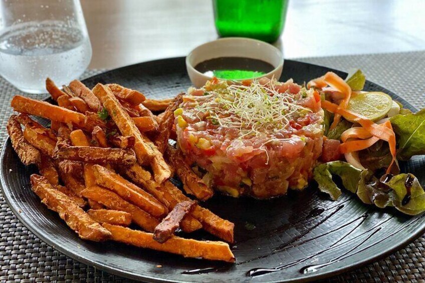Local Tuna tartar + Local sweet potato fries (example of lunch)