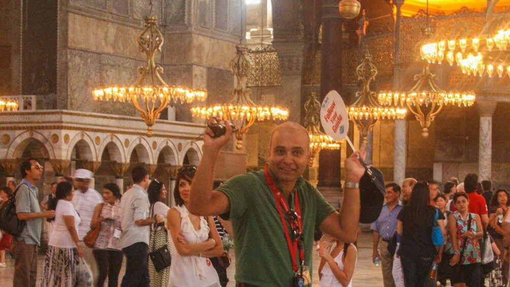 Tour guide posing for camera.