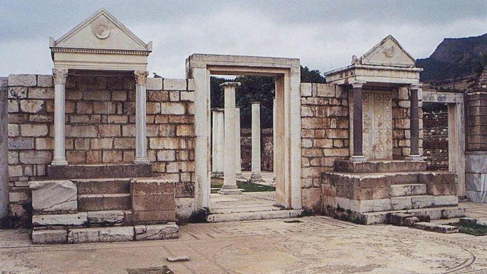 Angled view of church ruins with brick.