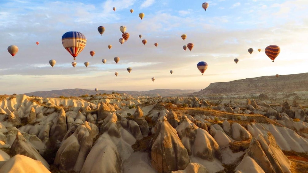 Hot Air Balloons fly above Cappadocia in Turkey