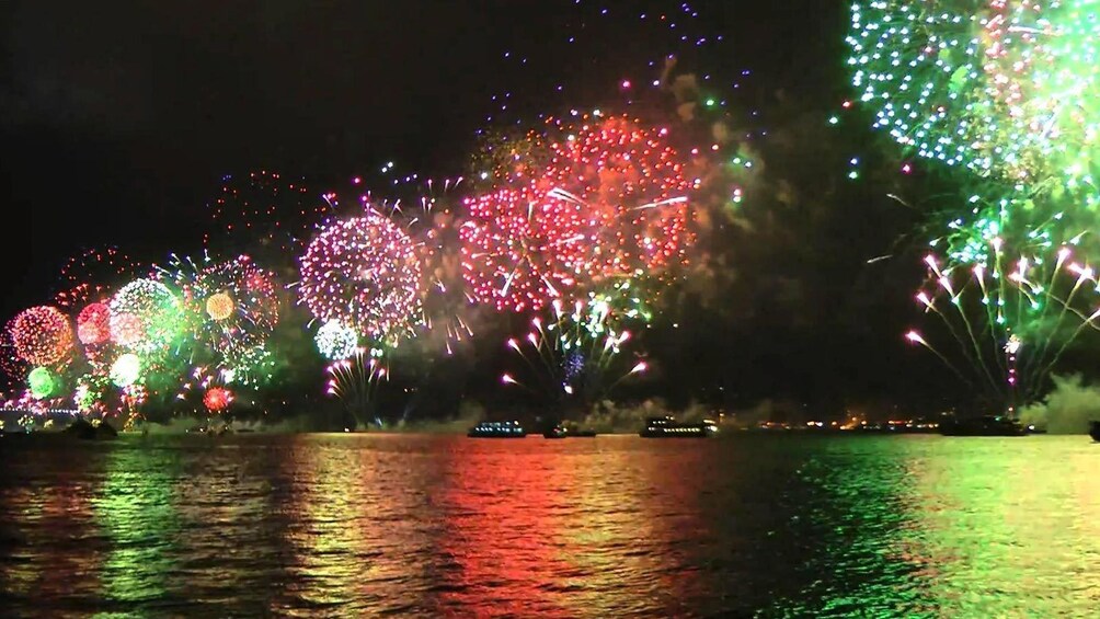 Stunning fireworks set off on the water that is seen from aboard the New Year's Eve Dinner Cruise on Bosphorus in Turkey 