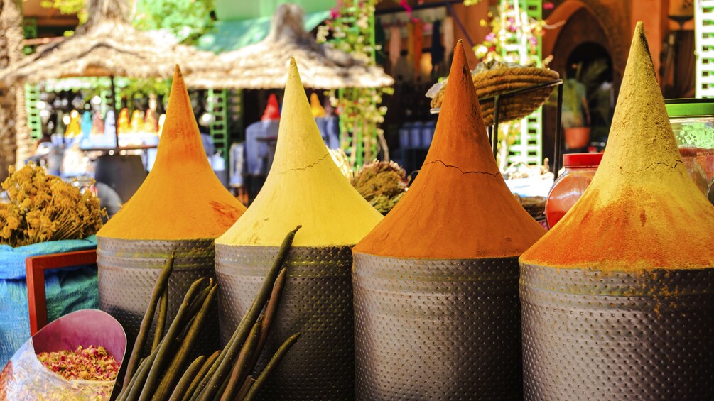 Spices and ingredients in a Moroccan market bazaar