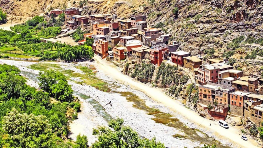 Aerial view of local area with old buildings.