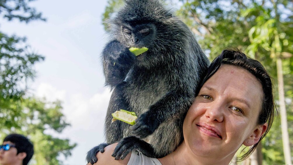 Monkey on a woman's shoulder at the Evening Jungle Walk HD Tour in Kuala Lumpur, Malaysia