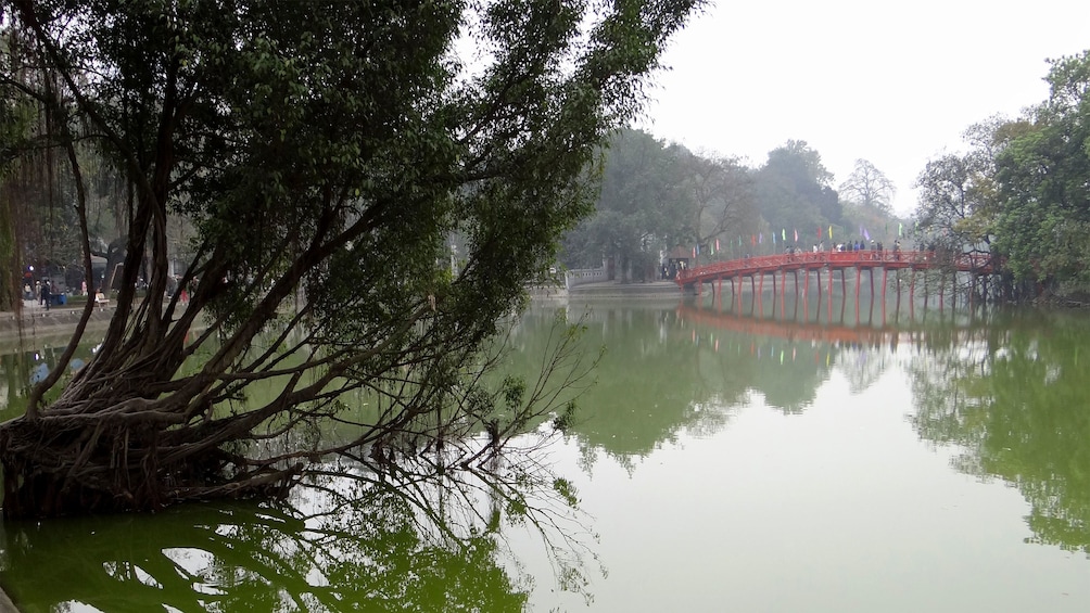 Distant view of the bridge over Hoan Kiem Lake in Hanoi