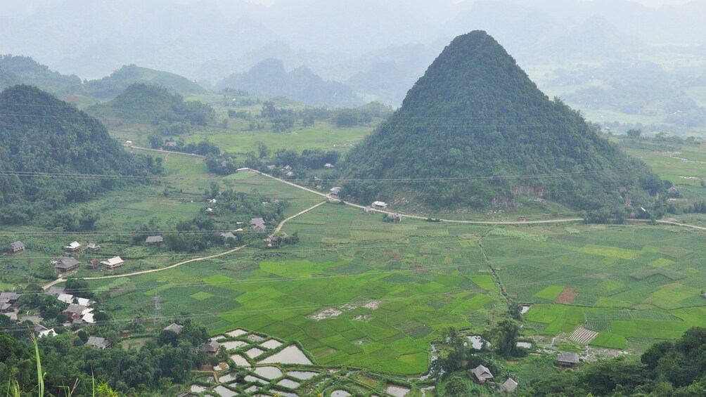 View of the Mai Chau Valley on a foggy day in Vietnam 