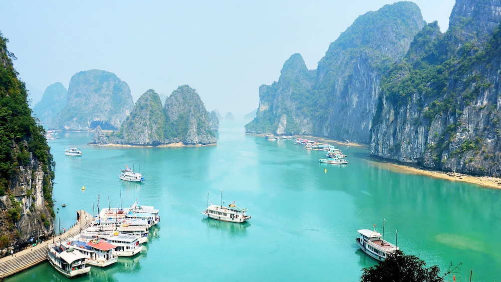 Day view of the blue waters of Ha Long Bay in Vietnam 