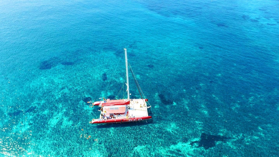 Aerial view of catamaran in Santorini