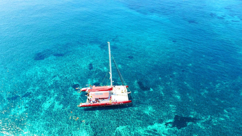 Aerial view of catamaran in Santorini