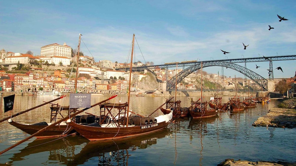 docked boats near the bridge in Porto