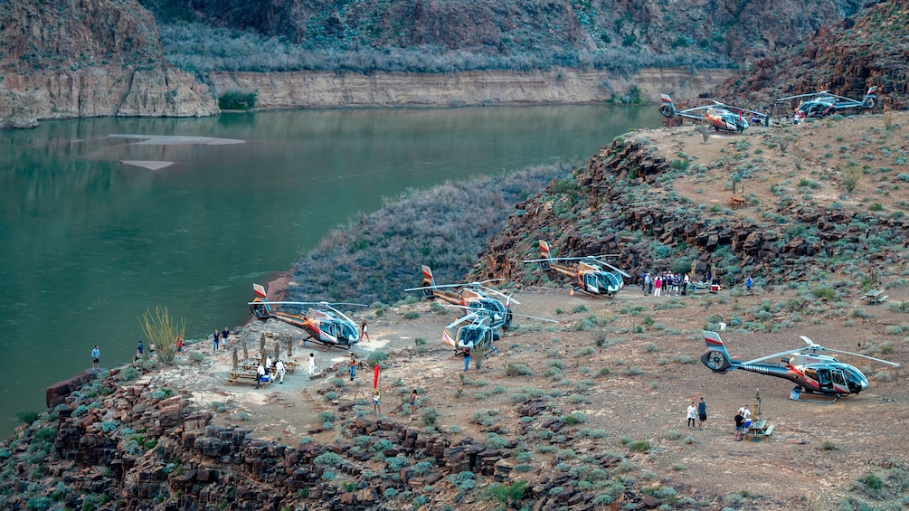 Multiple helicopters and their patrons landed on the banks of the Colorado river