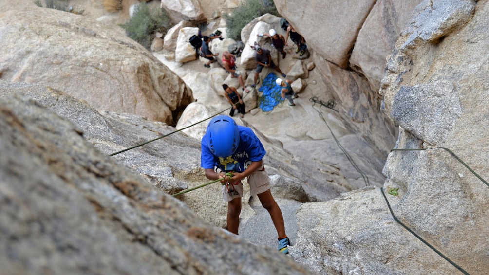 Show item 2 of 5. Rock climber repelling down rock face in Palm Springs