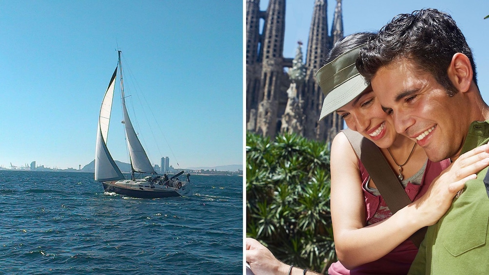 Split image showing a couple in front of La Sagrada Familia cathedral and a sailboat off the coast of Barcelona