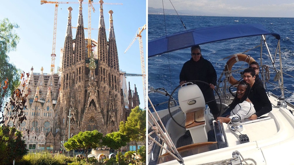 Split image of La Sagrada Familia cathedral and a sailing group on a boat off the coast of Barcelona
