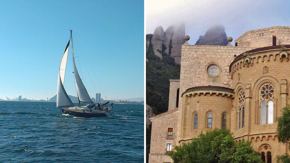 Split image of a sailboat on the water and the Monastery of Montserrat