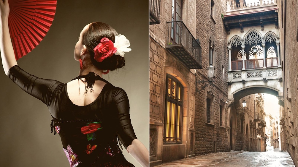 combo image of city view and flamenco dancer