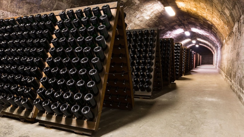 wine bottle racks inside a cellar in Barcelona