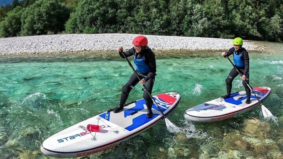 Whitewater paddleboarding on Soca river with Bovec SUP