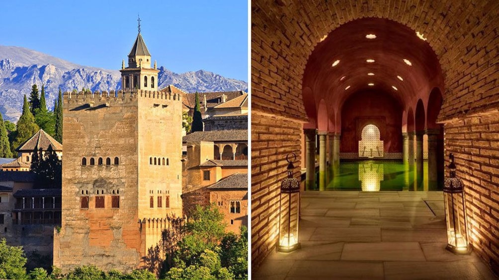 Split image of Alhambra and a bath in Granada