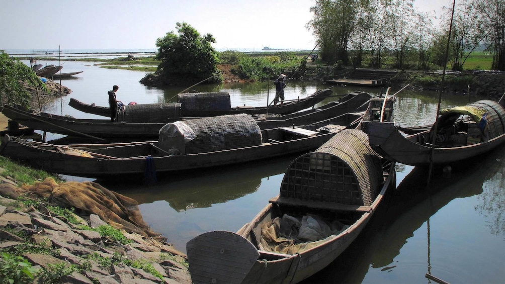 Group of fishing boat in the river in Hanoi