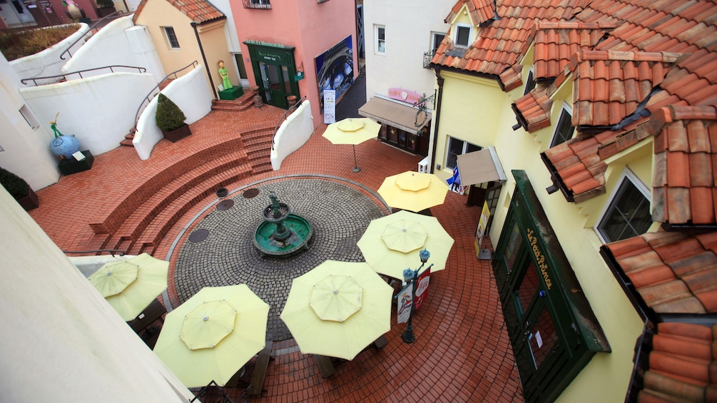 courtyard with umbrella tables