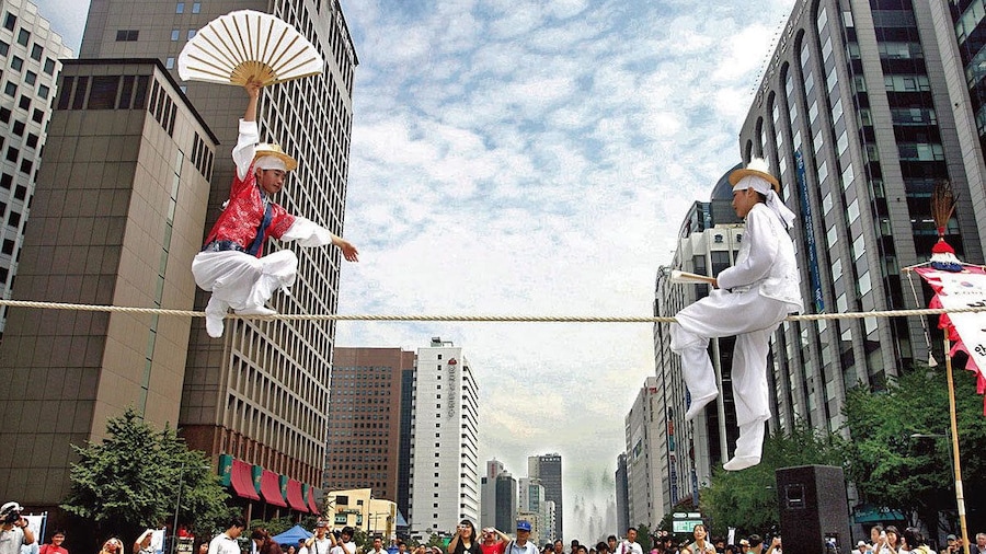 people performing on top of rope