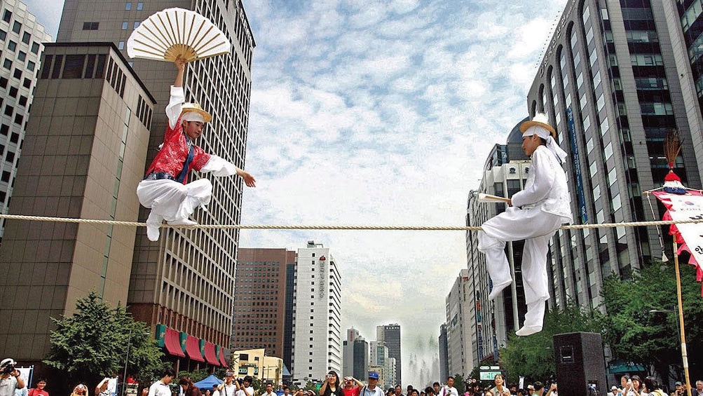 people performing on top of rope