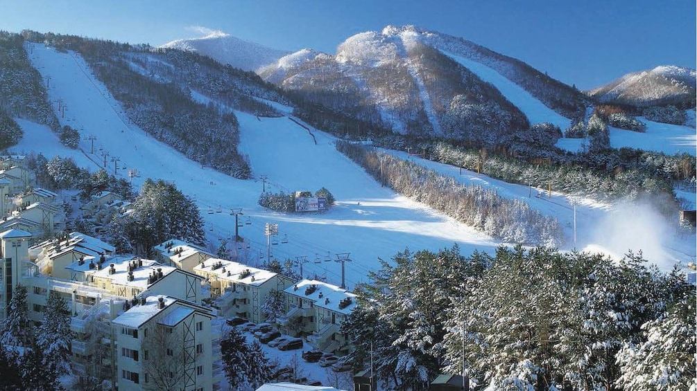 aerial view of mountain and hotel