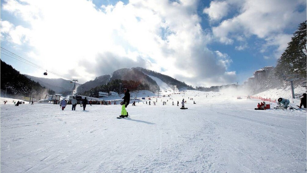 ski area with snowboarders and mountain views