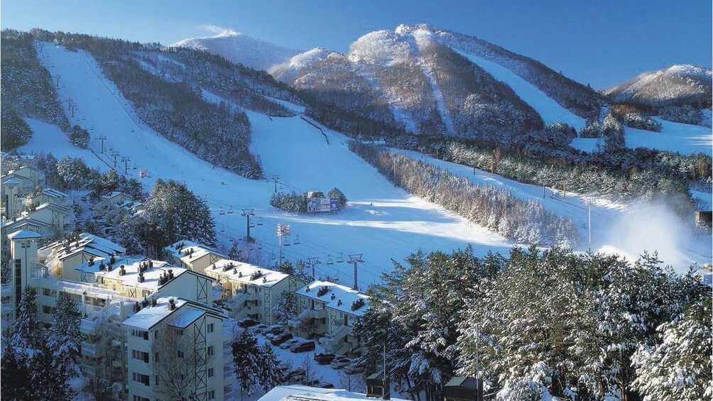 aerial view of mountain and hotel