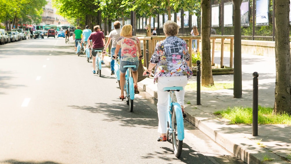 Small-Group of cyclists in a row on the streets of Paris 