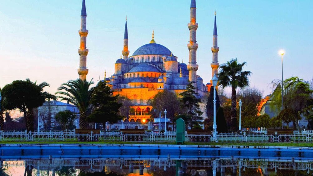 Exterior view of building in Istanbul at dusk.