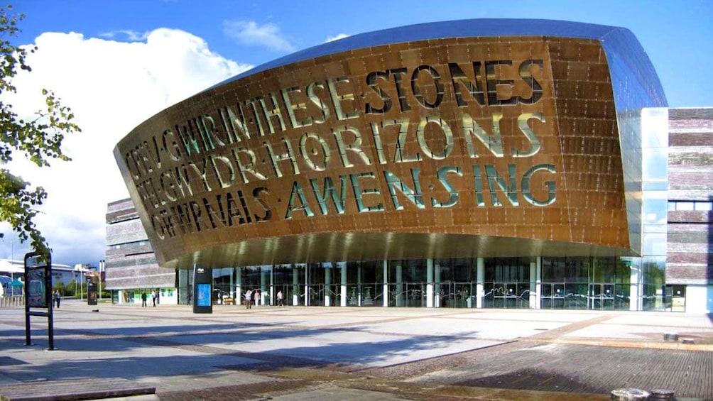 the metal clad facade of the Wales Millennium Centre in Cardiff