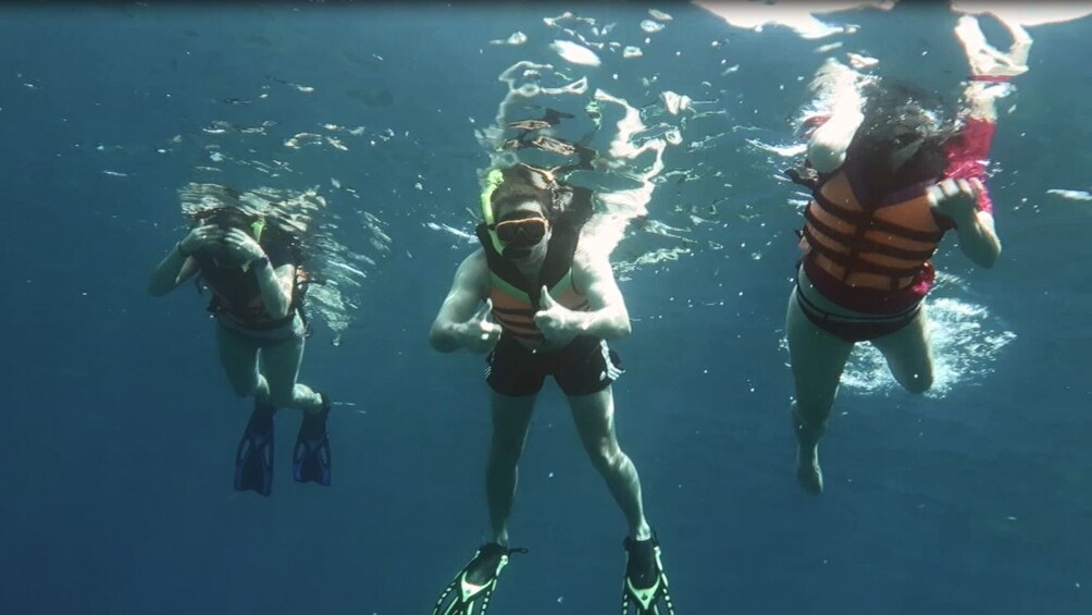 Group of people snorkeling, posing for photo underwater.