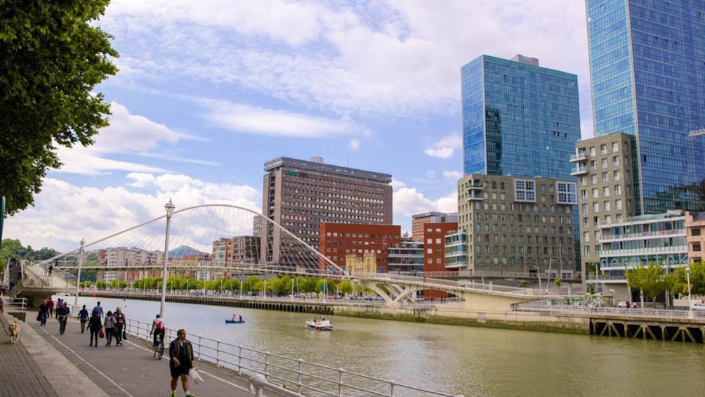 Angled view of city with view of river.