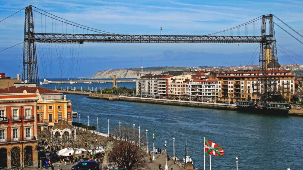 View of the city with bridge in the distance.