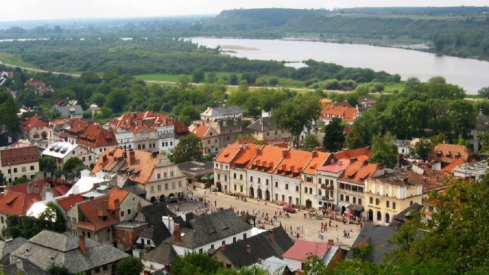 Panoramic view of the town with river in the background in Kazmierz Dolny