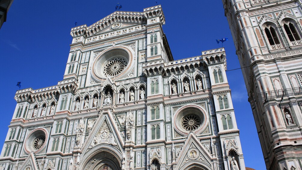 Angled front exterior view of cathedral.