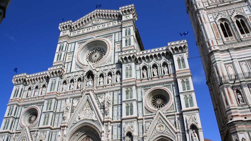 Angled front exterior view of cathedral.